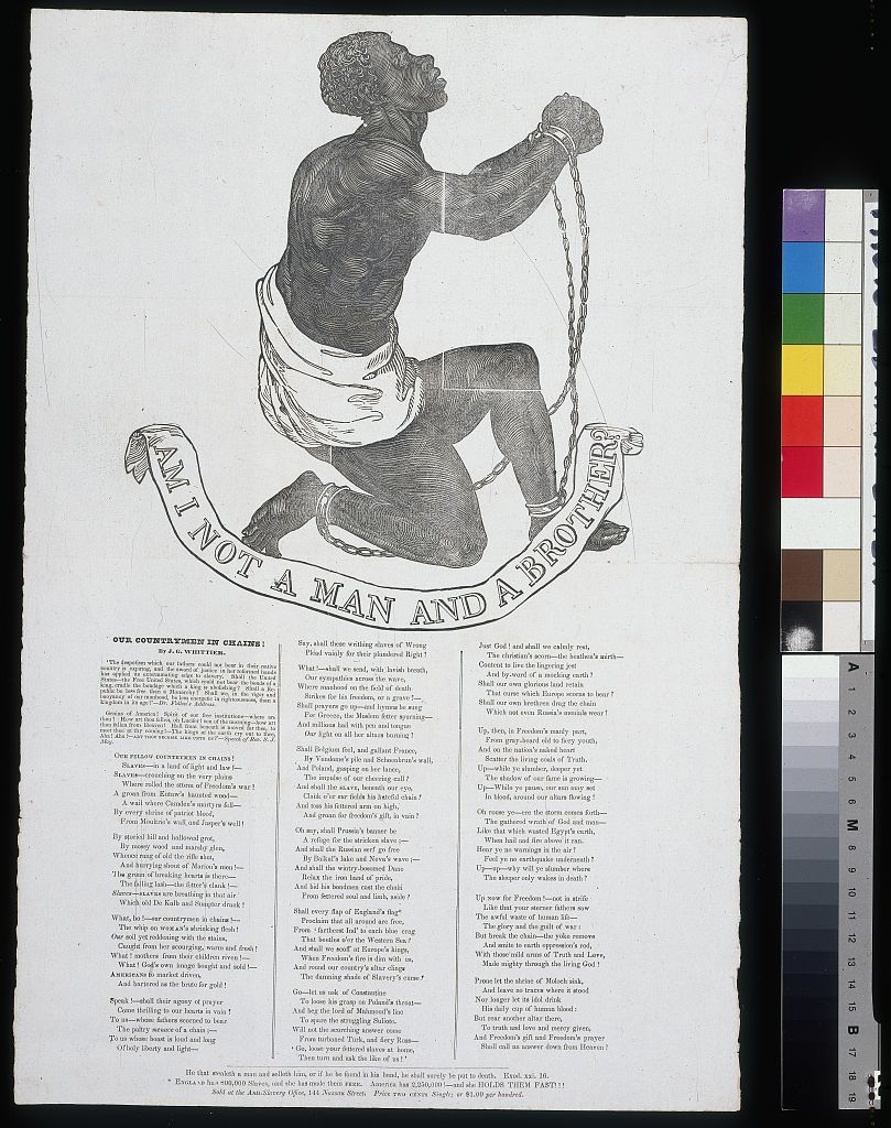 1837 anti-slavery broadside with the kneeling figure and the words Am I Not a Man and a Brother