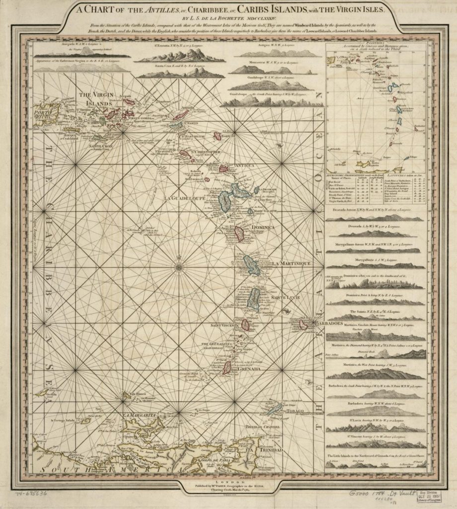 Hand-coloured 1784 chart of the Antilles by Louis Delarochette, showing the island arc Columbus sailed in November 1493