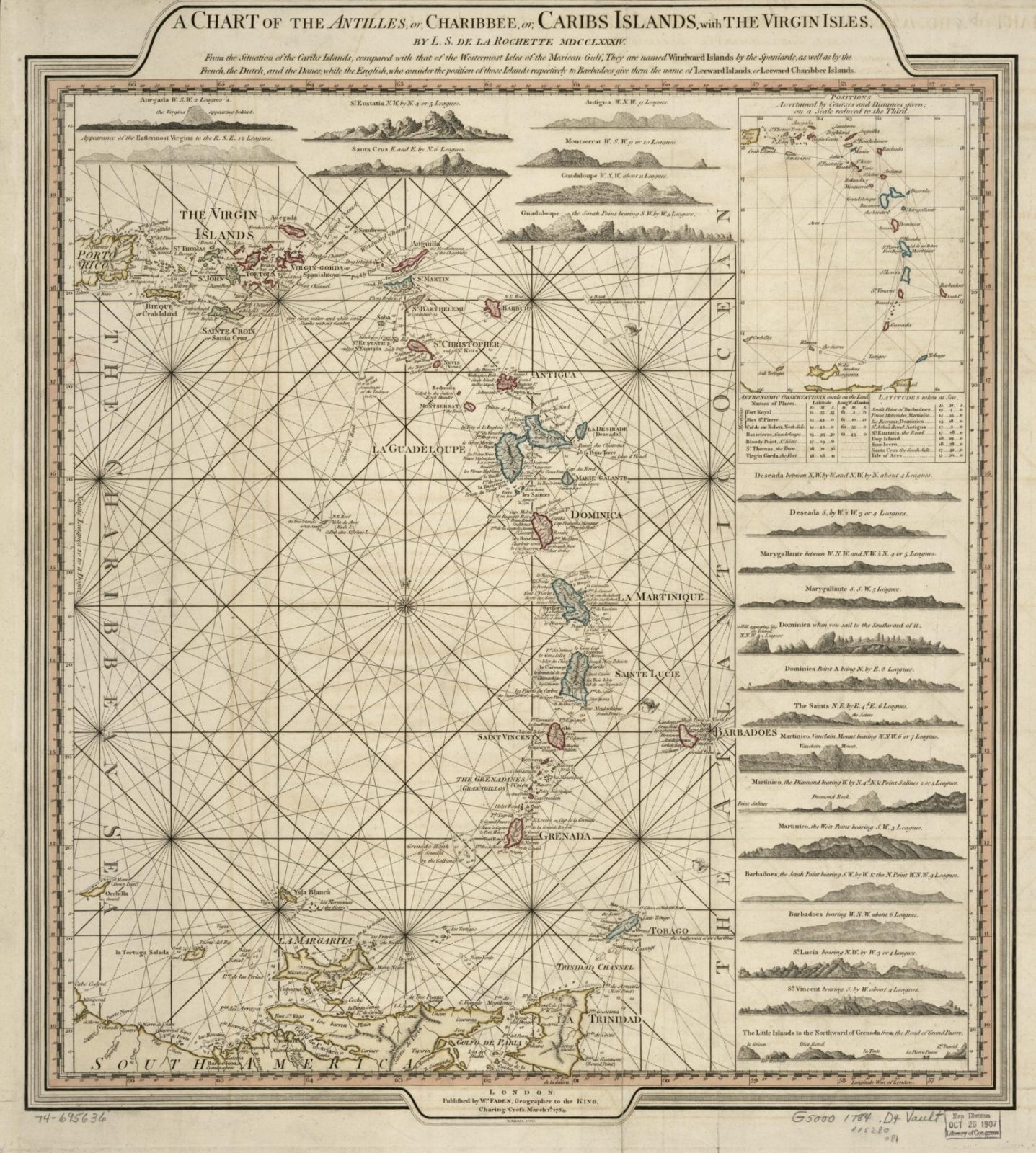 Hand-coloured 1784 chart of the Antilles by Louis Delarochette, showing the arc of islands from the mainland to the Greater Antilles