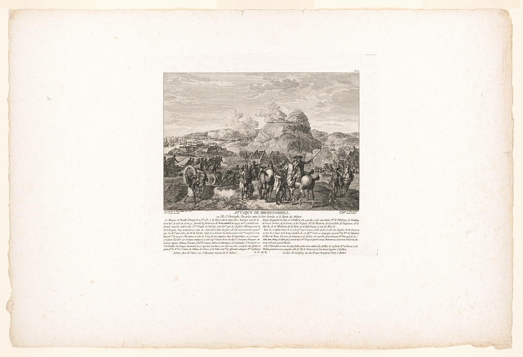 French etching of the 1782 attack on Brimstone Hill, St Kitts, by Nicolas Ponce after Le Paon