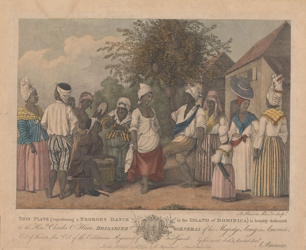 A West Indian dance with drum and tambourine, engraving by Agostino Brunias, 1779