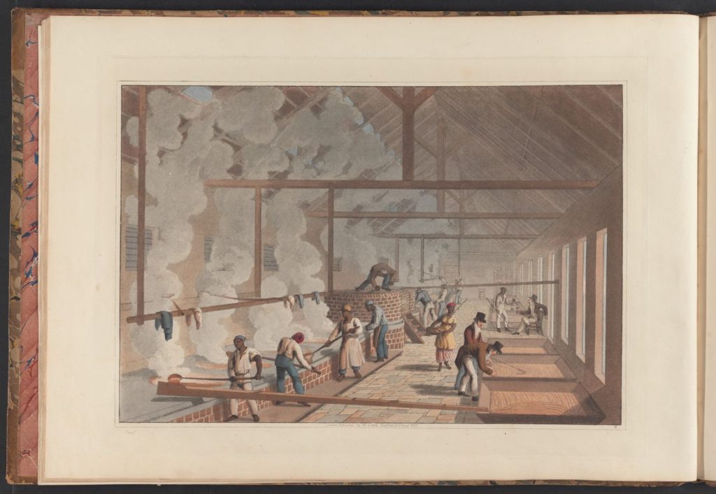 The boiling house of a Leeward Islands sugar estate, where enslaved labourers worked the coppers — hand-coloured aquatint by William Clark, Antigua, 1823