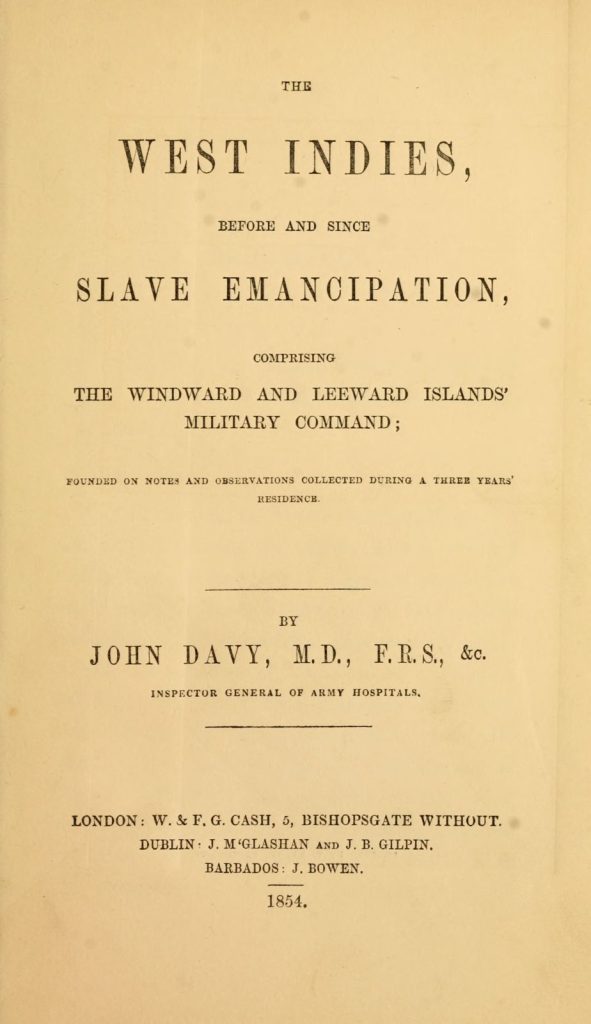 Title page of John Davy’s 1854 book The West Indies Before and Since Slave Emancipation