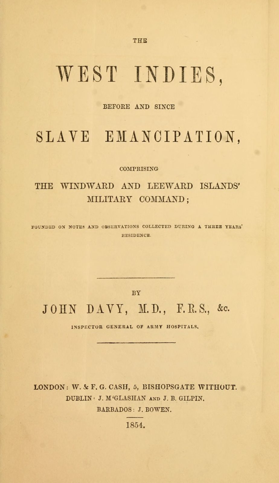 Title page of John Davy's 1854 book The West Indies Before and Since Slave Emancipation