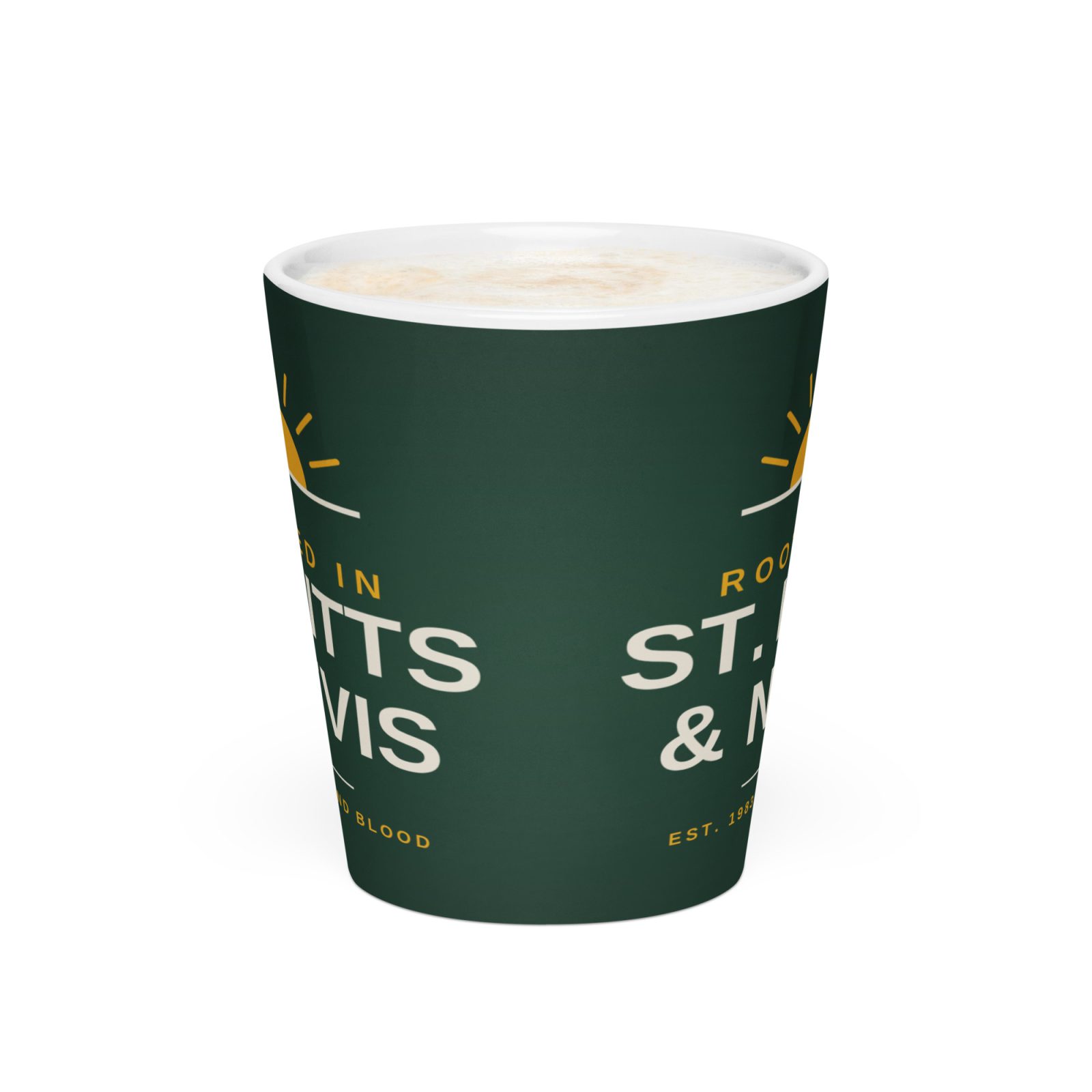 Rooted in St. Kitts and Nevis green latte mug, front view