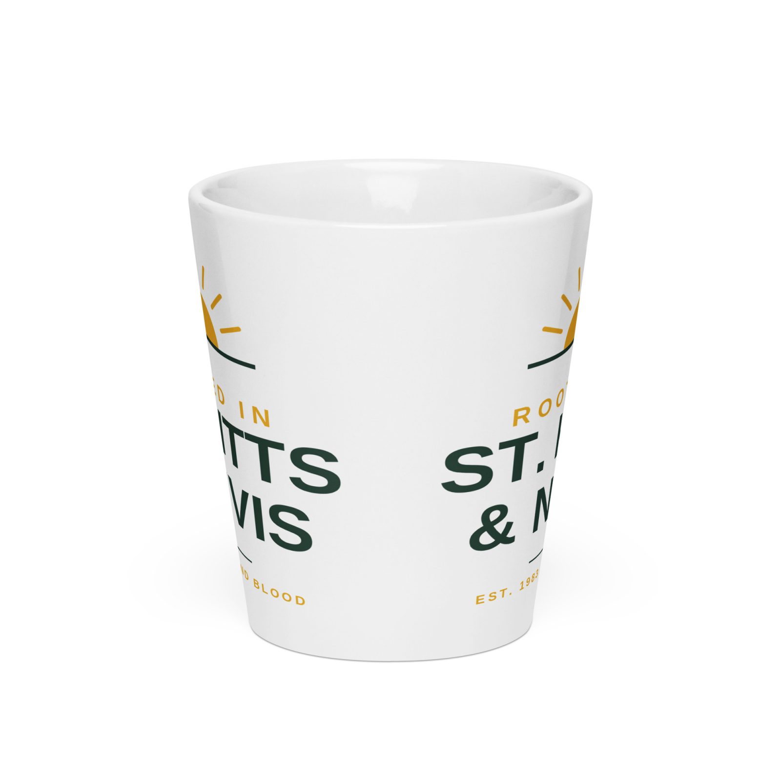 Rooted in St. Kitts and Nevis white latte mug, front view