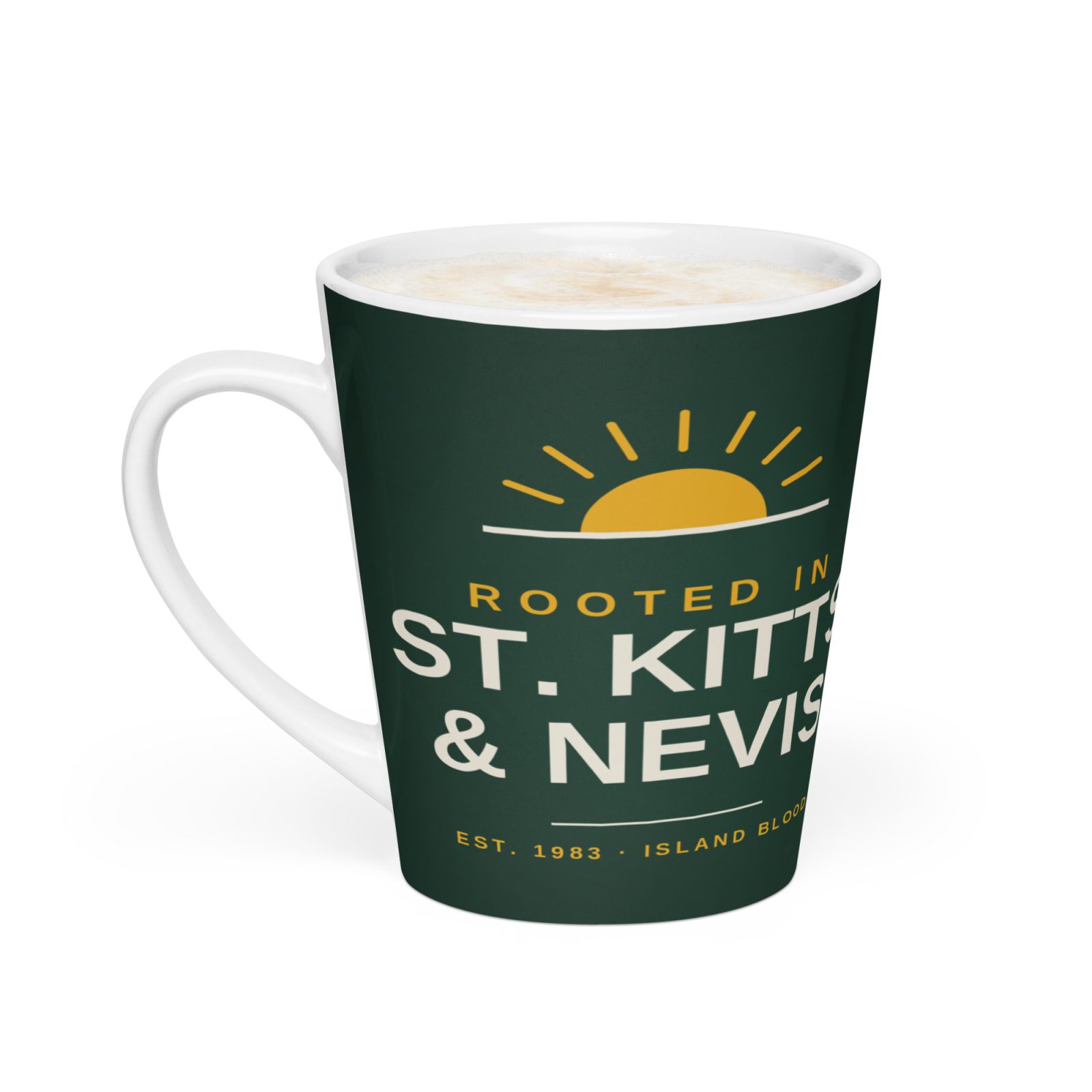 Rooted in St. Kitts and Nevis green latte mug, left view