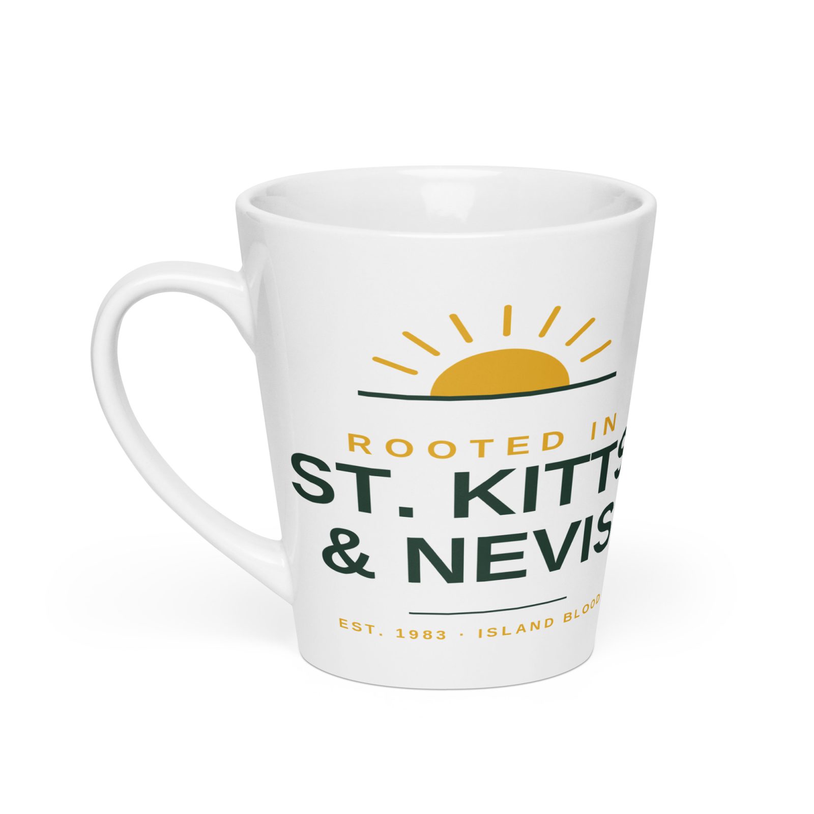 Rooted in St. Kitts and Nevis white latte mug, left view