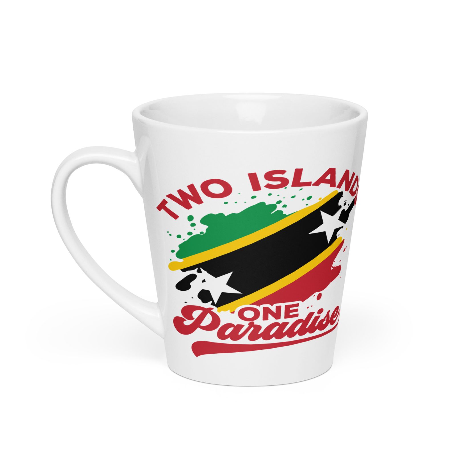 Two Islands One Paradise St. Kitts and Nevis flag mug, left view