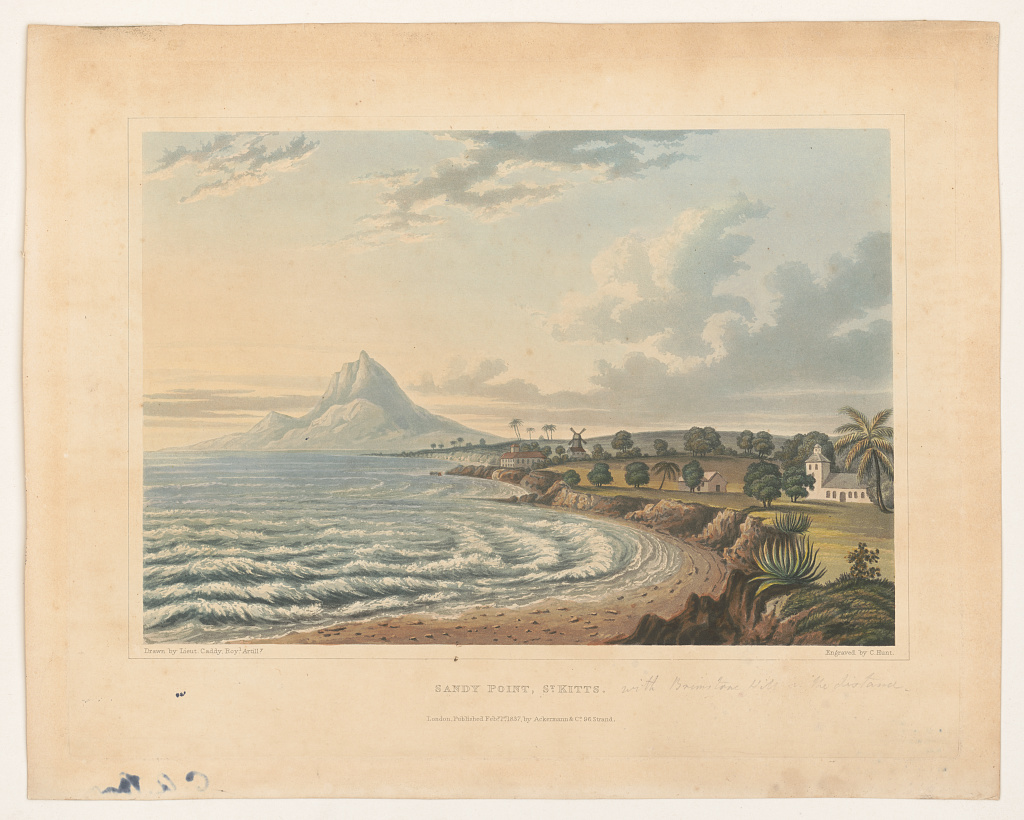 1837 aquatint view of Sandy Point, St Kitts, with Brimstone Hill rising in the distance