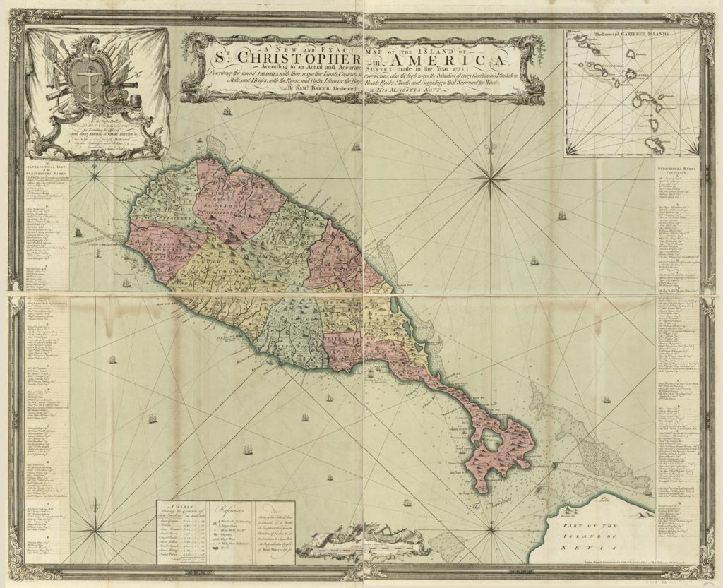 Hand-coloured 1753 survey map of St Christopher (St Kitts) by Samuel Baker, showing every parish, plantation, mill and church