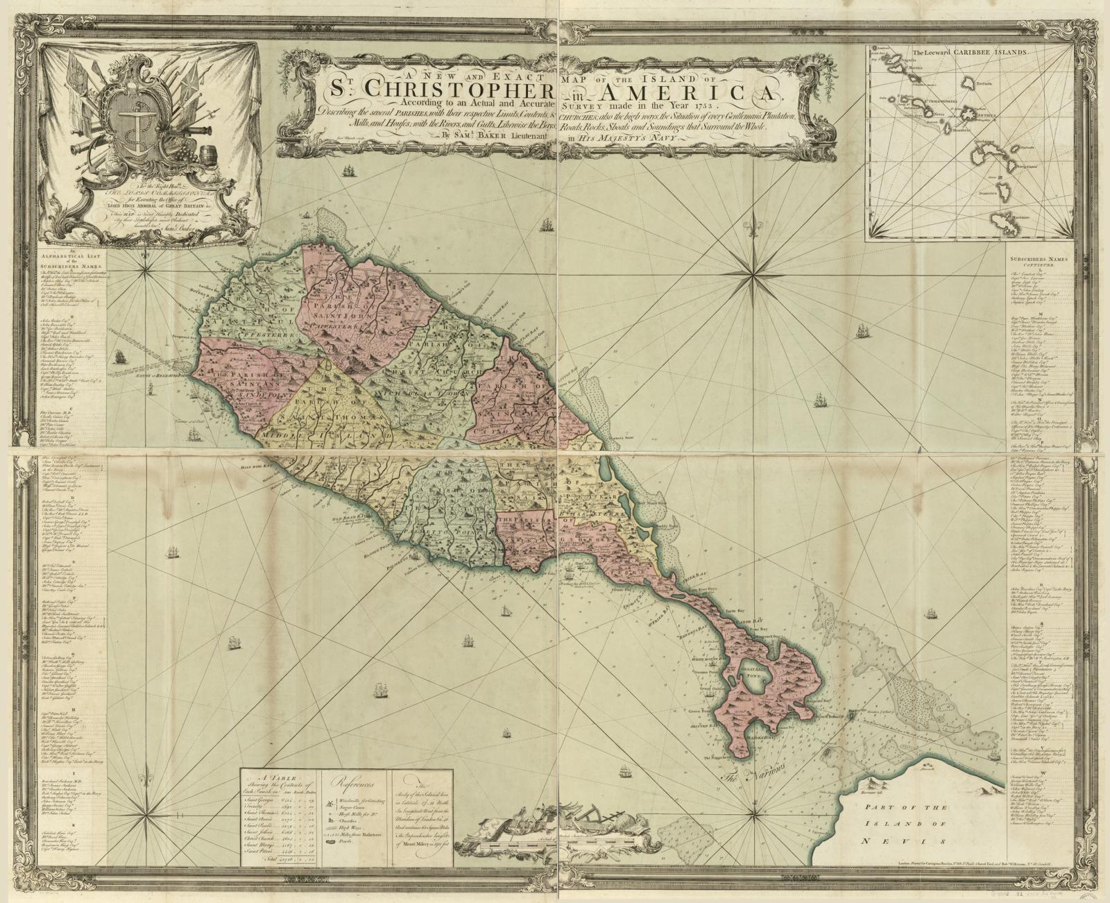 Hand-coloured 1753 survey map of St Christopher (St Kitts) by Samuel Baker showing parishes, plantations and churches