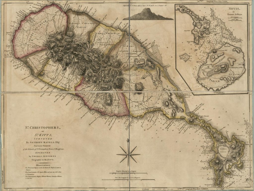 1775 map of St Christopher (St Kitts) by Anthony Ravell, engraved by Thomas Jefferys, with an inset of Nevis