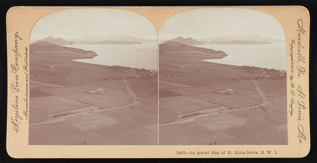 1903 Keystone View Company stereograph showing an aerial relief map view of the islands of St Kitts and Nevis