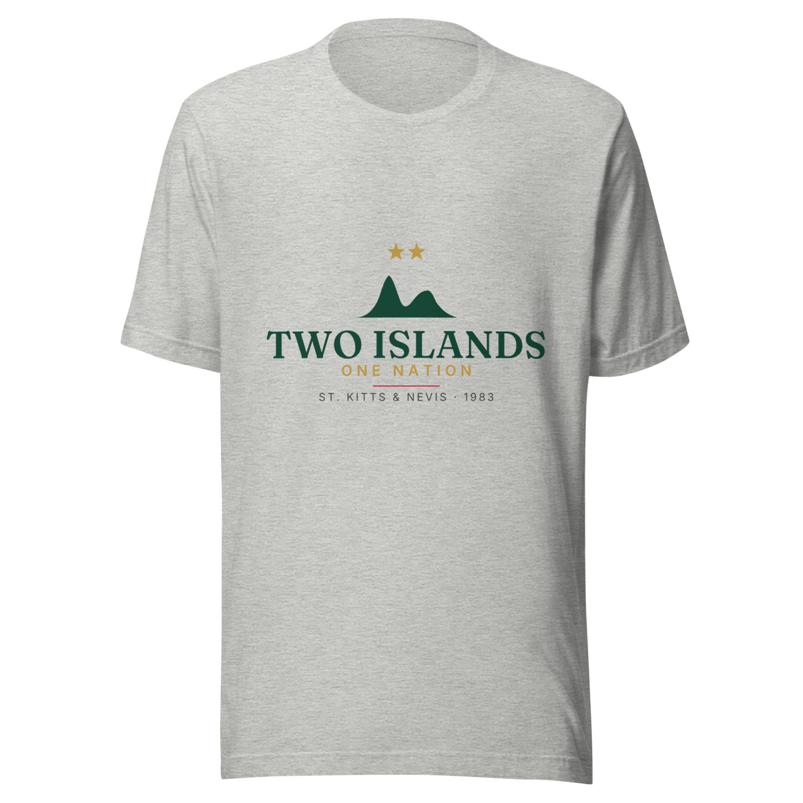 Two Islands. One Nation. St. Kitts & Nevis Independence T-Shirt — Athletic Heather, deep green and gold twin-peak artwork