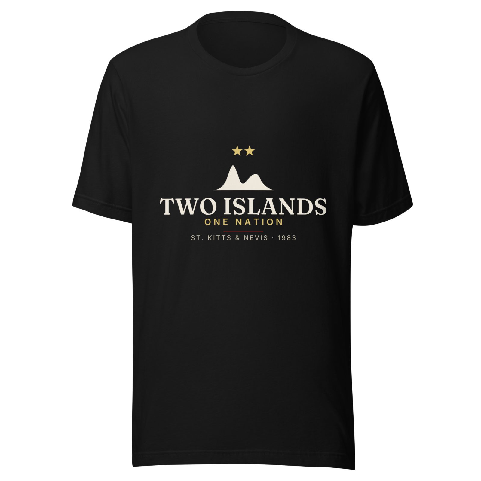 Two Islands. One Nation. St. Kitts & Nevis Independence T-Shirt — Black, cream and gold twin-peak artwork