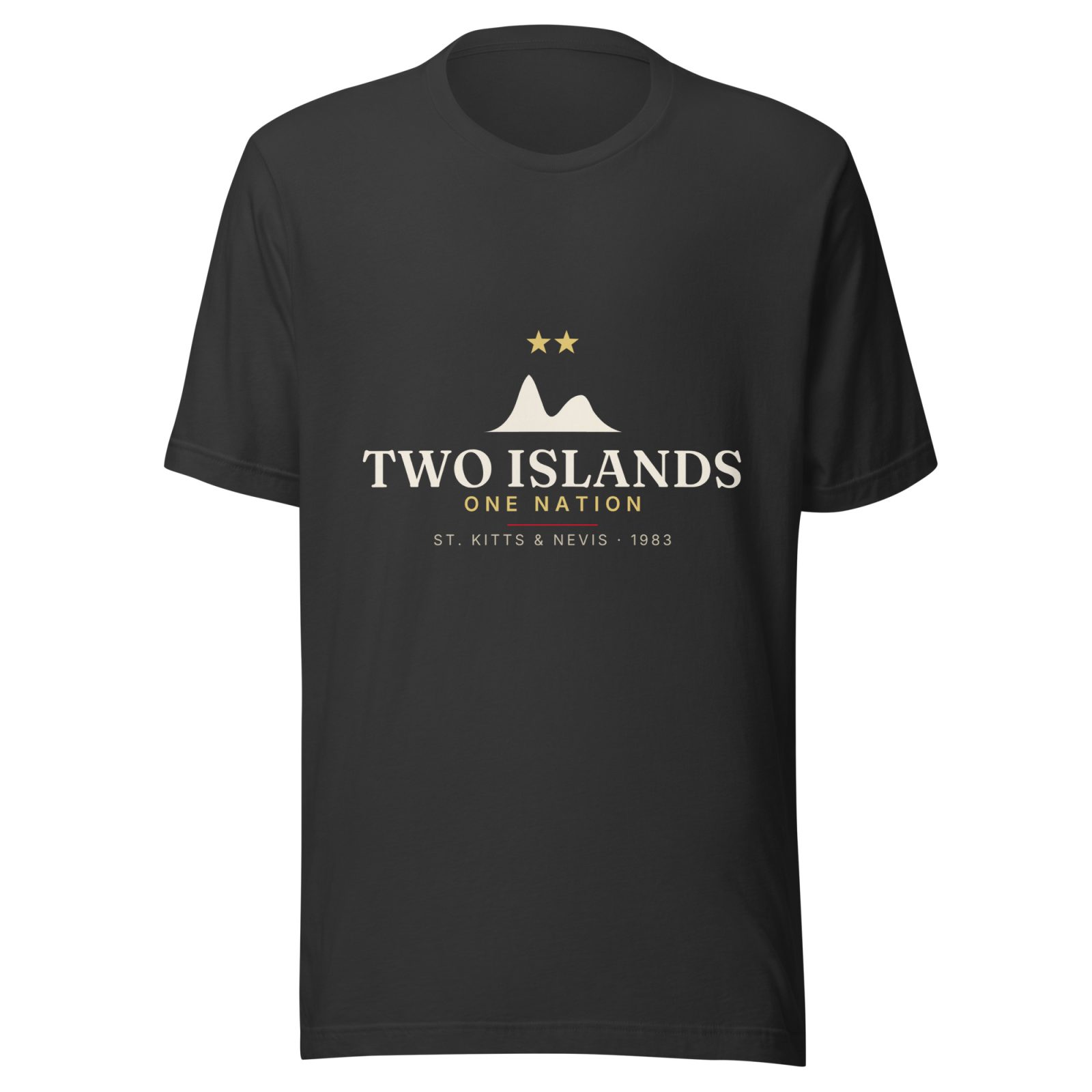 Two Islands. One Nation. St. Kitts & Nevis Independence T-Shirt — Dark Grey, cream and gold twin-peak artwork