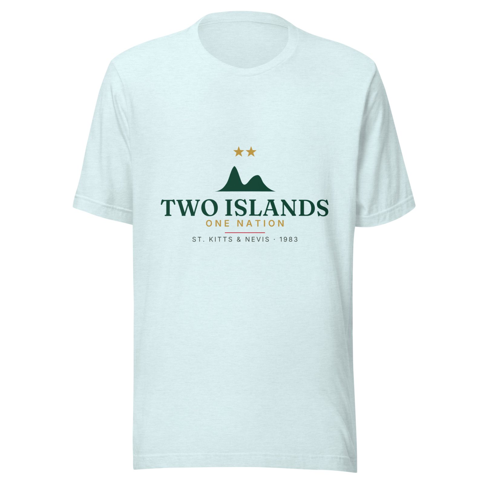 Two Islands. One Nation. St. Kitts & Nevis Independence T-Shirt — Heather Ice Blue, deep green and gold twin-peak artwork