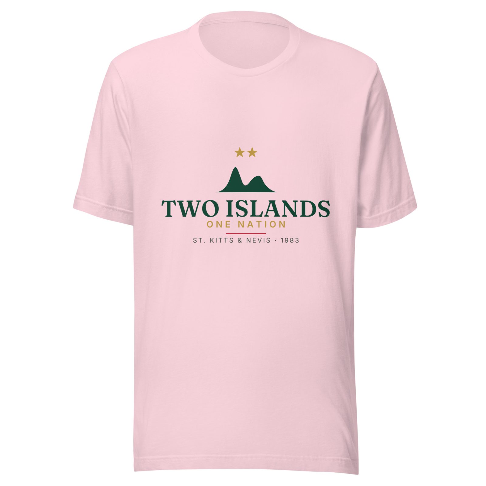 Two Islands. One Nation. St. Kitts & Nevis Independence T-Shirt — Soft Pink, deep green and gold twin-peak artwork