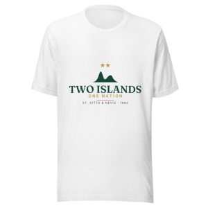 Two Islands. One Nation. St. Kitts & Nevis Independence T-Shirt — Solid White Blend, deep green and gold twin-peak artwork