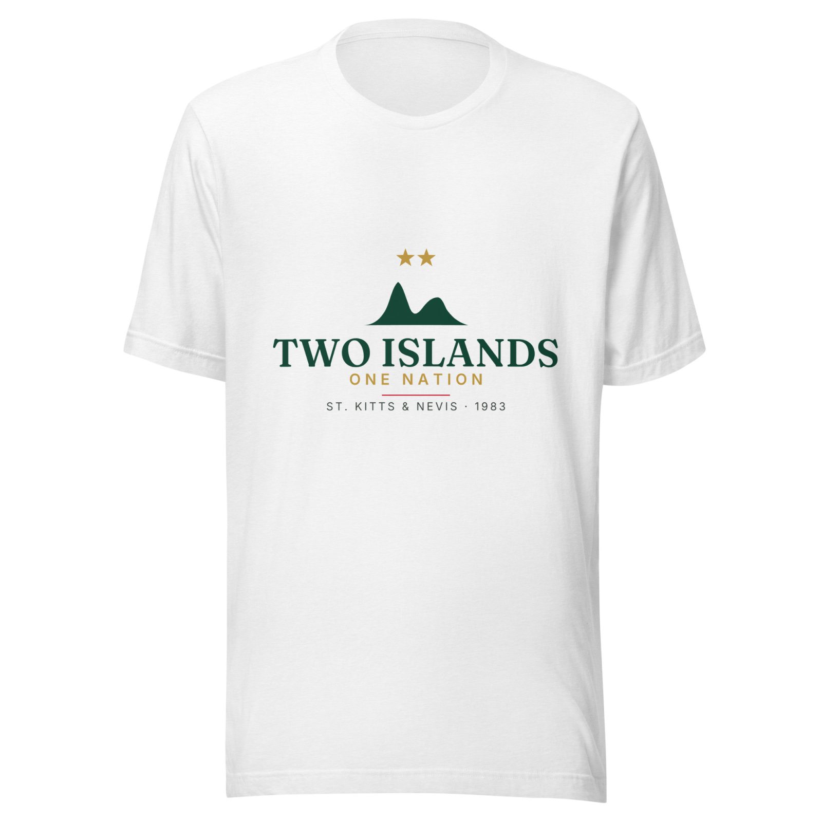 Two Islands. One Nation. St. Kitts & Nevis Independence T-Shirt — Solid White Blend, deep green and gold twin-peak artwork