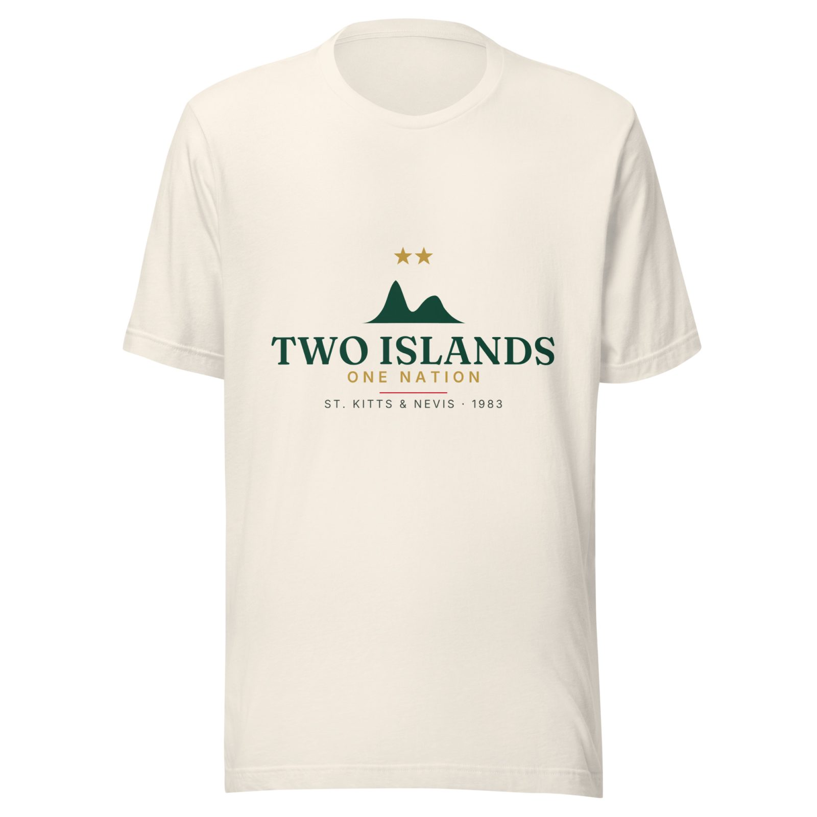 Two Islands. One Nation. St. Kitts & Nevis Independence T-Shirt — Vintage White, deep green and gold twin-peak artwork