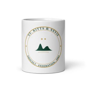St. Kitts & Nevis Independence mug with original crest, twin peaks and Federation 1983 medallion — front view