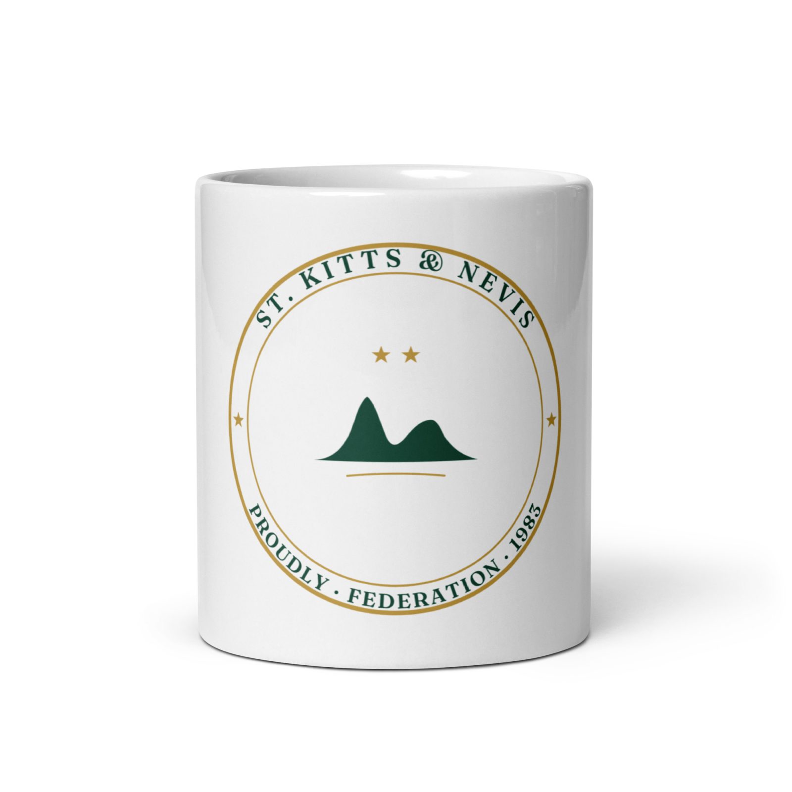 St. Kitts & Nevis Independence mug with original crest, twin peaks and Federation 1983 medallion — front view
